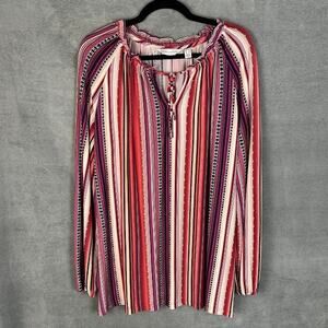 Susan Graver Top Womens 1X Pink Striped Liquid Knit Long Sleeve Stretch Comfort